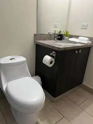 a bathroom with a white toilet and a sink at Avitat Fit 3Hab 5P Espectacular Vista al Volcan in San Salvador