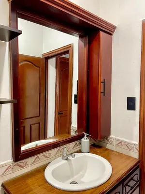 a bathroom with a sink and a large mirror at Casa Familiar in San Miguel