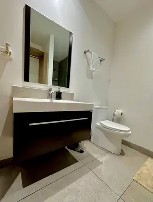 a bathroom with a sink and a toilet and a mirror at Cool Spot By Rooftop Masferrer in San Salvador