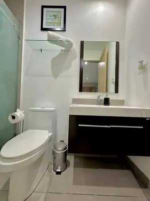 a bathroom with a toilet and a sink and a mirror at Cool Spot By Rooftop Masferrer in San Salvador