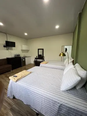 a hotel room with two beds and a television at Emmitas room in Juayúa