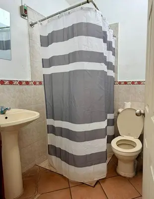 a bathroom with a shower curtain and a toilet at casa en la Cima in San Salvador