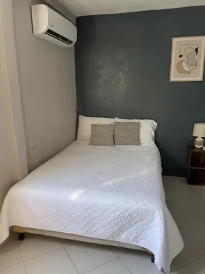 a bedroom with a bed with a white comforter at Habitación cerca del aeropuerto #3 in La Paz