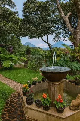 a water fountain with flowers in a garden at Los Cuatro Olivos Hotel Boutique in Juayúa