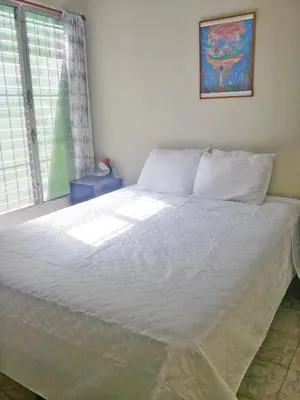 a white bed in a room with a window at Queen Bed in San Salvador