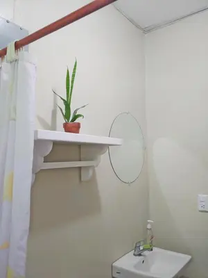 a bathroom with a sink and a shelf and a plant at Queen Bed in San Salvador