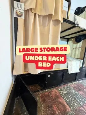 a large store under each bed with a sign on it at Urban Nest Hostel in Santa Ana