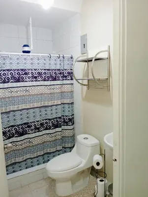 a bathroom with a toilet and a shower at Double Bed in San Salvador