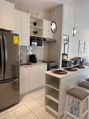 a kitchen with white cabinets and a stainless steel refrigerator at Elegant Modern Tiny Home in San Miguel