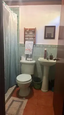 a bathroom with a toilet and a sink at Cabaña Mi Bello Jardín, Privado, Zona Urbana in Apaneca