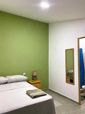 a bedroom with a bed and a green wall at Hostal El Amate #3 in Suchitoto