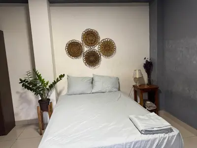 a bedroom with a bed with white sheets and a plant at Macaw Stay Room in Sonzacate