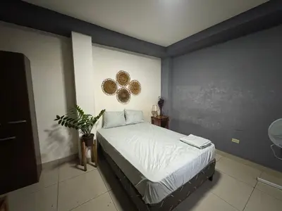 a bedroom with a bed and a potted plant at Macaw Stay Room in Sonzacate