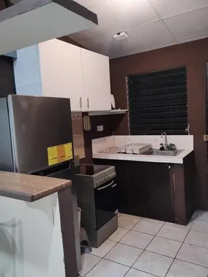 a kitchen with white cabinets and a black refrigerator at Casa Dorada in Santa Ana