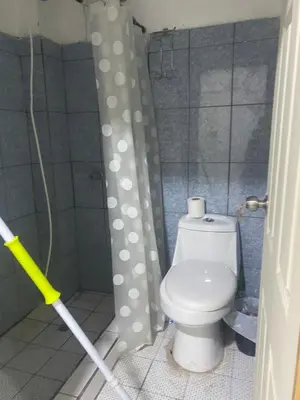 a bathroom with a toilet and a shower curtain at Hostal Maracay San Salvador in San Salvador
