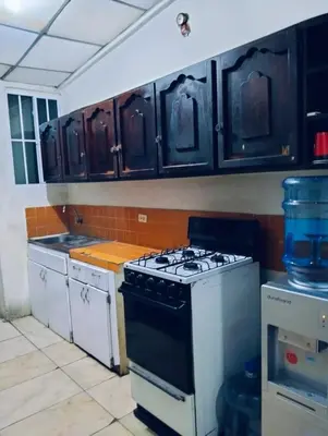 a kitchen with a stove and wooden cabinets at Copinol 68 in San Salvador