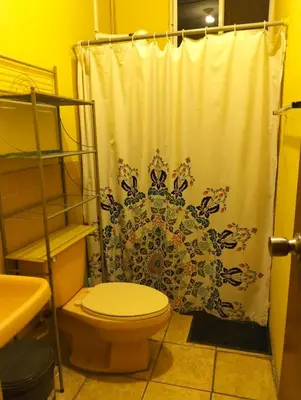 a bathroom with a shower curtain and a toilet at Copinol 68 in San Salvador