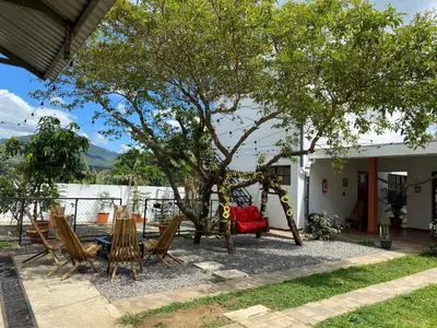 a group of chairs and a swing under a tree at SimpleSerenity Country House in Juayúa