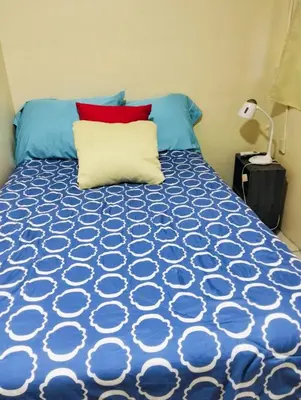 a bed with blue and red pillows in a room at Copinol 68 in San Salvador