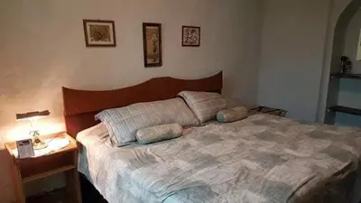 a bedroom with a bed with two pillows on it at Casona los Vega in Izalco