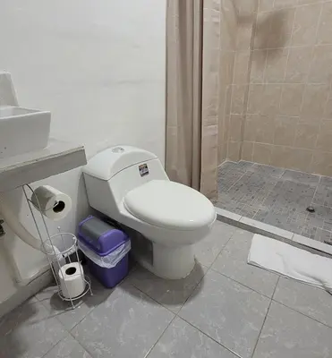 a bathroom with a toilet and a shower at Mi pueblo Hostal Nahuizalco in Nahuizalco