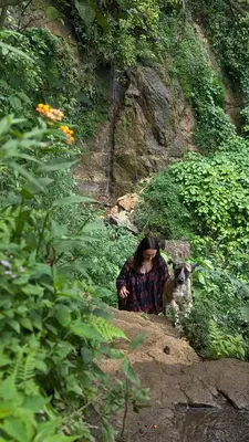 a woman with a dog on a hill at Bambu Hostel in Juayúa