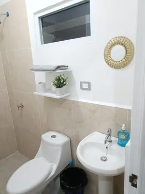 a bathroom with a white toilet and a sink at Casa de Reyes in San Miguel