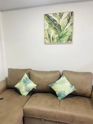 a couch with two pillows sitting under a picture at Holiday home in San Miguel