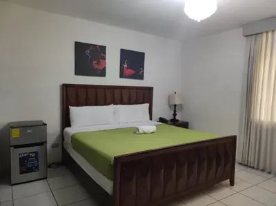 a bedroom with a large bed with a green blanket at Kartagus Centric in San Salvador