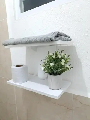 a white shelf with two toilets and a plant on it at Casa de Reyes in San Miguel