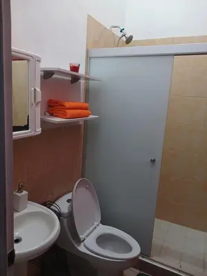 a bathroom with a toilet and a sink and a shower at Casa Romero in San Miguel