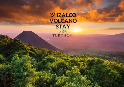 a view of a mountain with the words taalo volcano stay a t at \u30c4 Izalco Volcano Suites in Izalco