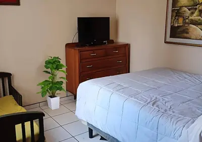 a bedroom with a bed and a tv on a dresser at \u30c4 Izalco Volcano Suites in Izalco