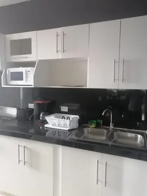 a kitchen with white cabinets and a sink and a microwave at Apartamento Familiar 3 con 3 habitaciones 4 camas más litera in San Salvador