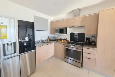 a kitchen with wooden cabinets and stainless steel appliances at Silvertop - A magical apartment with great view in San Salvador