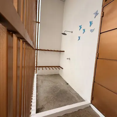 an empty hallway with blue birds on the wall at St Michaels Ocean View House in El Zonte
