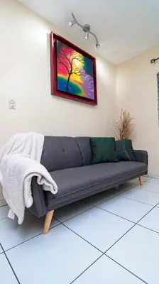 a couch in a room with a painting on the wall at Modern Stylish Apt in Secure Area in San Salvador in San Salvador