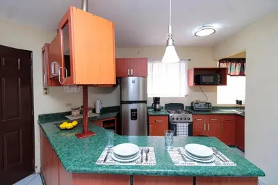 a kitchen with wooden cabinets and a green counter top at Modern Stylish Apt in Secure Area in San Salvador in San Salvador