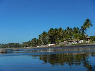 a beach with palm trees and houses and the water at Punta Roca Surf Resort in La Libertad