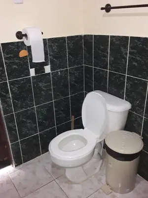 a bathroom with a toilet and a roll of toilet paper at Beachfront- El Torogoz del Pimental in La Esmeralda