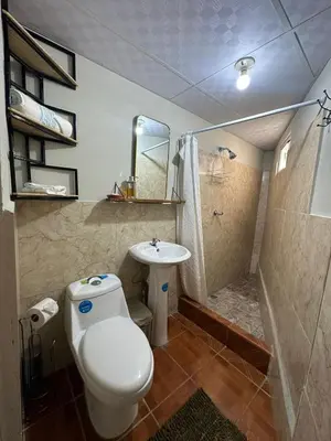 a bathroom with a toilet and a sink and a shower at Cuarto estudio HERSOR in San Salvador