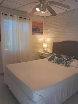 a bedroom with a large bed with a ceiling fan at La Cima House-Studio in San Salvador