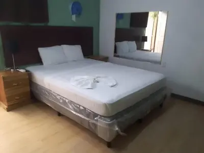 a bedroom with a large bed with a mirror at Casa de Huéspedes Noche de Luna in San Salvador