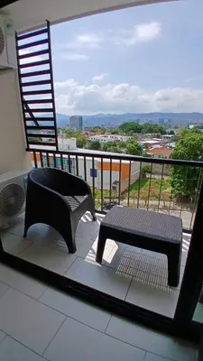 a bench sitting on a balcony with a view at The Balcony of the City in San Salvador