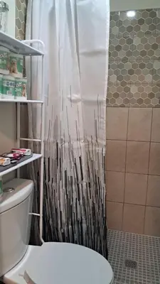 a bathroom with a shower curtain and a toilet at Zonte Rooftop Studio Apartment w Terrace-AC-Wif-BBQ in El Zonte