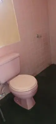 a pink bathroom with a toilet and pink tiles at San Fernando, Ahuachapan in Ahuachapán