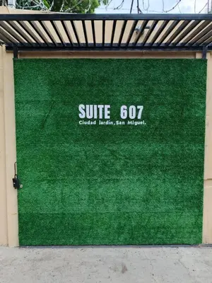 a green garage door with a sign on it at Suite 607 Ciudad jardín San Miguel A in San Miguel