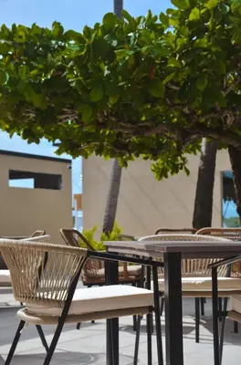an outdoor table and chairs under a tree at Astra Beach Club & Resort in Marcelino