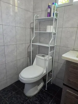 a bathroom with a toilet with a shelf above it at Hotel Ohana in San Juan Talpa