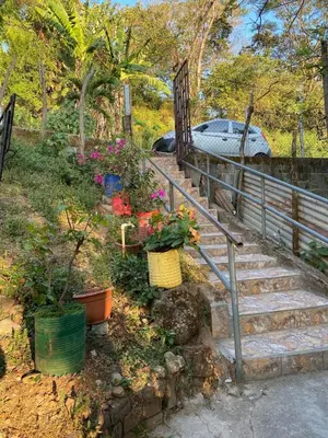 a set of stairs with flowers and a fence at Aguiñada's house en el Rosario La Paz in El Rosario